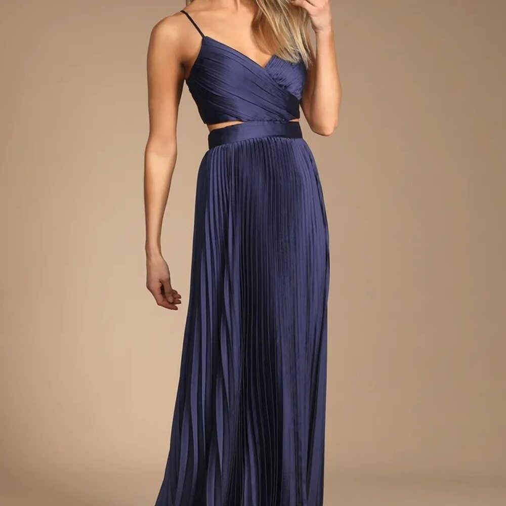 Lulu's Navy Blue Pleated Maxi Dress
